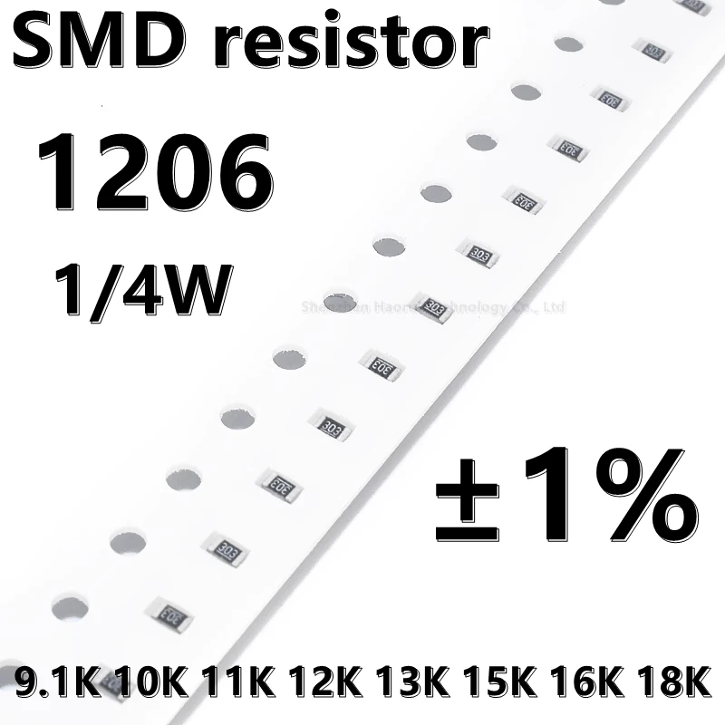 (100 шт.) Резистор SMD 1206 1% 9,1 К 10 К 11 К 12 К 13 К 15 К 16 К 18 К 1/4 Вт Более высокое качество Изображение 0
