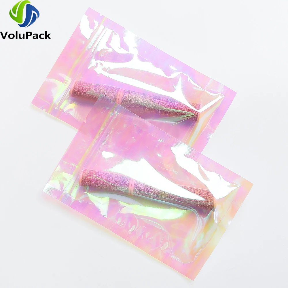  Перерабатываемые экологически чистые пластиковые упаковочные пакеты Голографические розовые пакеты с вырезом на разрыв Термосвариваемые пакеты с застежкой-молнией Smell Proof Сумки для хранения Изображение 0