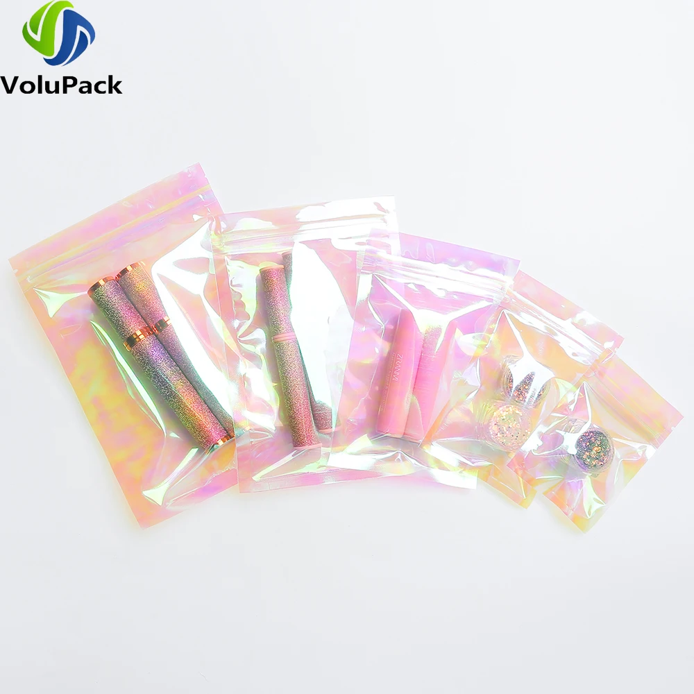  Перерабатываемые экологически чистые пластиковые упаковочные пакеты Голографические розовые пакеты с вырезом на разрыв Термосвариваемые пакеты с застежкой-молнией Smell Proof Сумки для хранения Изображение 3