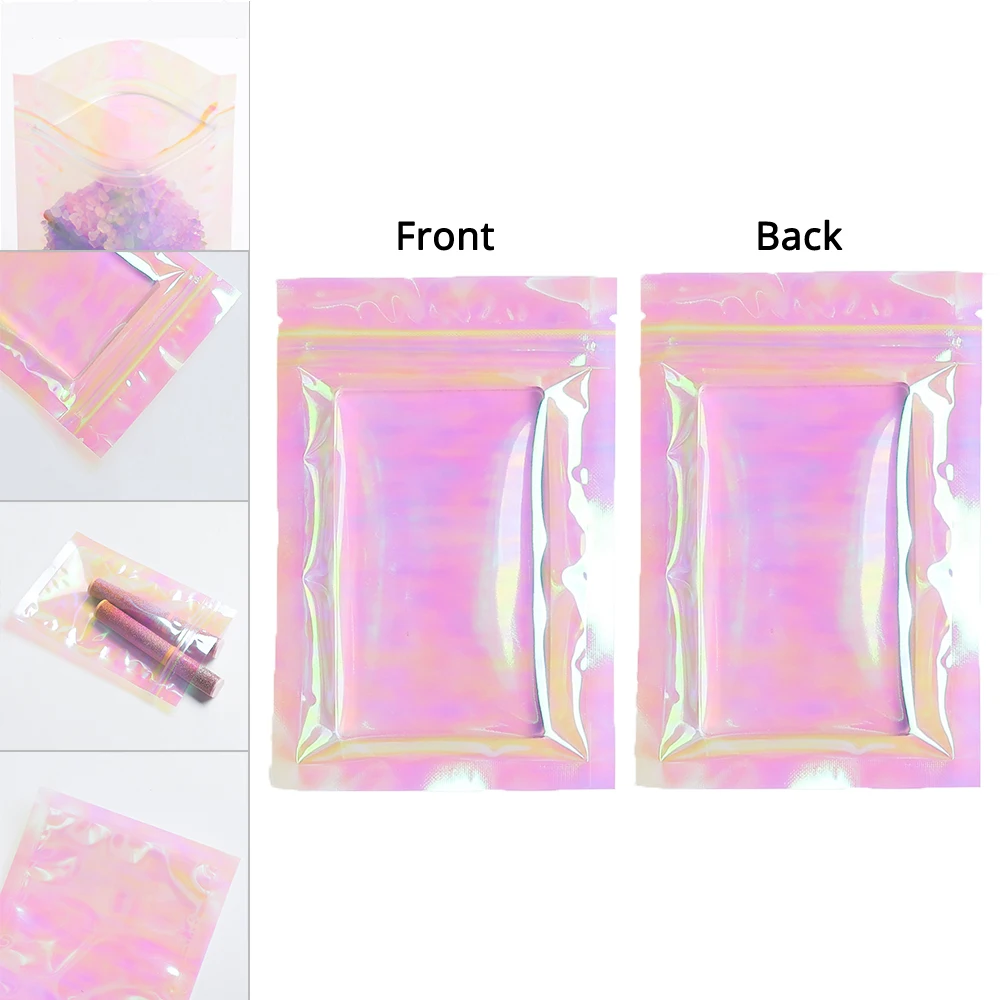  Перерабатываемые экологически чистые пластиковые упаковочные пакеты Голографические розовые пакеты с вырезом на разрыв Термосвариваемые пакеты с застежкой-молнией Smell Proof Сумки для хранения Изображение 4
